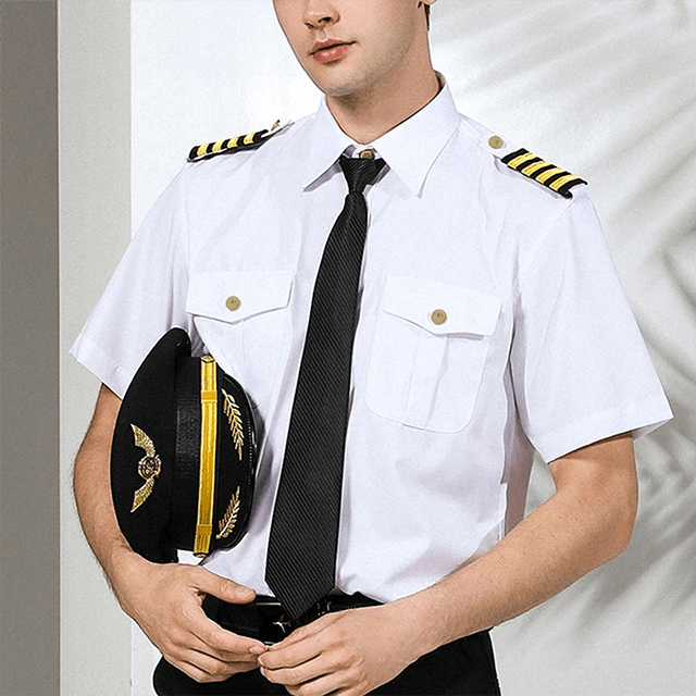 Botón de avión para hombre de manga corta, uniformes de piloto de línea aérea blanca, estilista de moda, ropa de trabajo negra ajustada