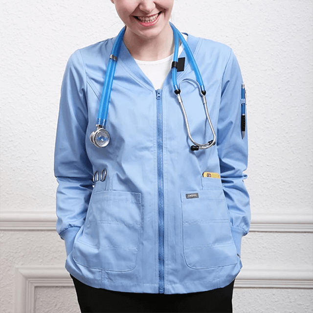 Chaqueta médica, ropa de trabajo Unisex, abrigo exterior, uniformes de trabajo de enfermera, puños de punto ligeros, túnica frontal con cremallera 19JK001