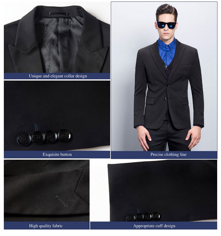 Traje de color negro sólido con cuello en V de un solo pecho para hombre de moda con diseño personalizado con bolsillo