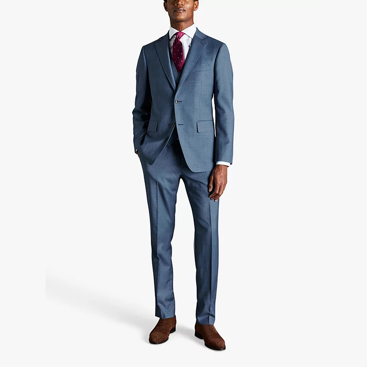 Traje tejido con cuello en V de un solo pecho informal de oficina para hombres jóvenes azul acero de moda de diseño personalizado