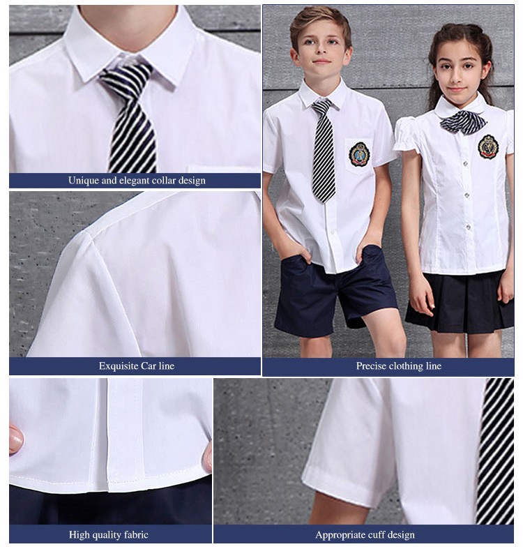Traje de camisas blancas de uniforme escolar infantil de manga corta de verano