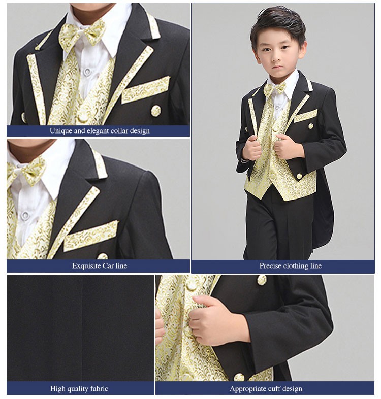 Trajes de esmoquin y chaleco con purpurina dorada de un solo pecho para niños pequeños para reuniones nocturnas de diseño personalizado