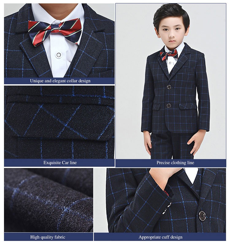 Diseño personalizado de manga larga de un solo pecho de moda para niños traje azul a rayas azul con pajarita