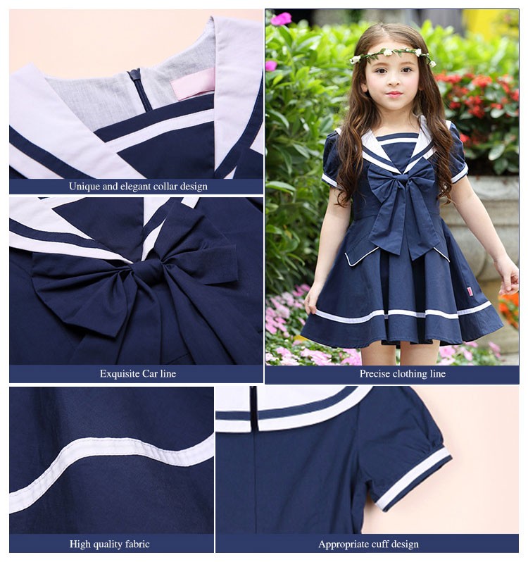Vestidos azul marino de manga corta para niñas pequeñas de verano con diseño de cuello único y elegante