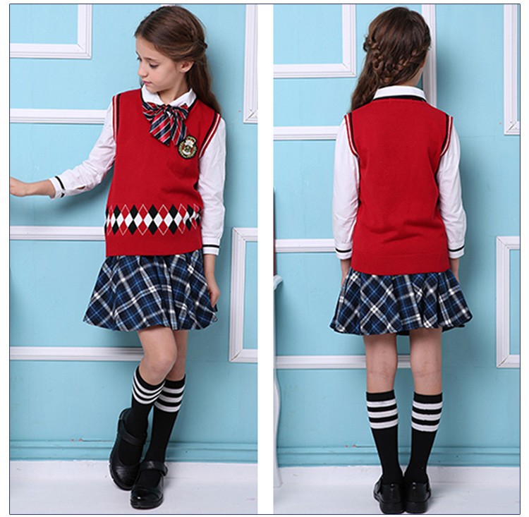 Traje de falda plisada a cuadros rojos uniforme de estudiante de escuela de estilo inglés