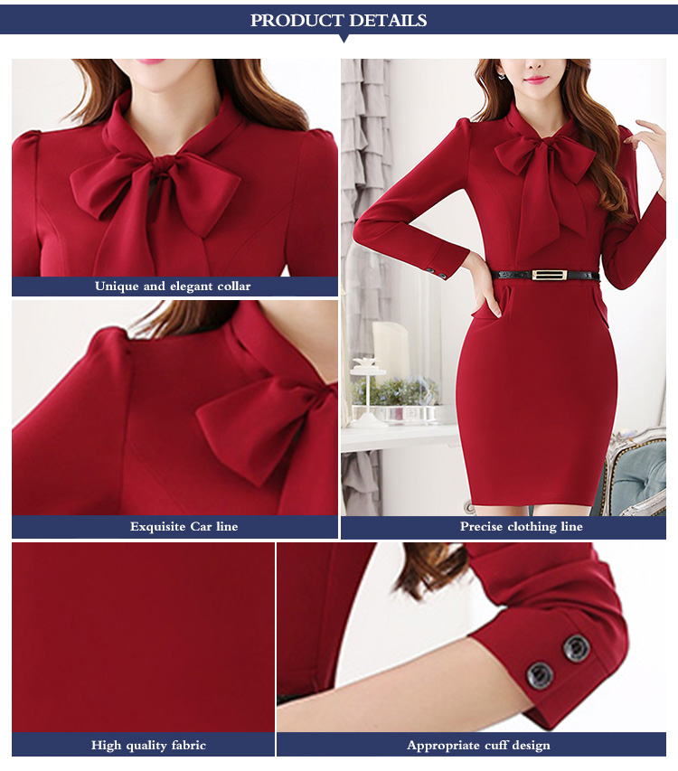 Diseño personalizado Elegant Lady Red Office Bow Vestido túnica de manga larga con cinturón