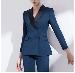 Traje de chaqueta con cuello en V de manga larga con doble botonadura de oficina Formal para mujer de diseño personalizado con bolsillo