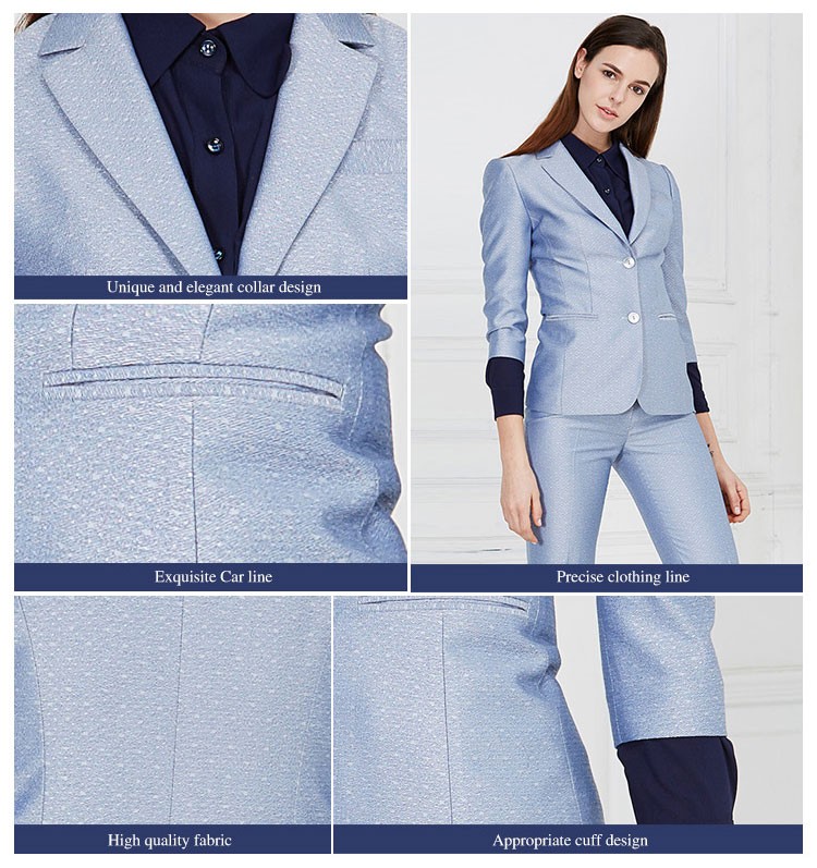 Traje y pantalones de chaqueta azul claro de mujer con cuello en V de manga larga de un solo pecho de primavera de diseño personalizado