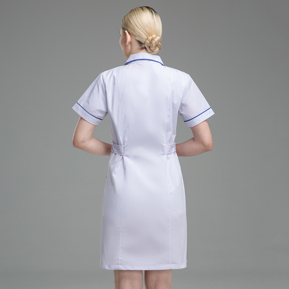 Uniformes de enfermería, bata blanca de hospital, uniforme de laboratorio de manga corta antiarrugas con cuello levantado para mujer