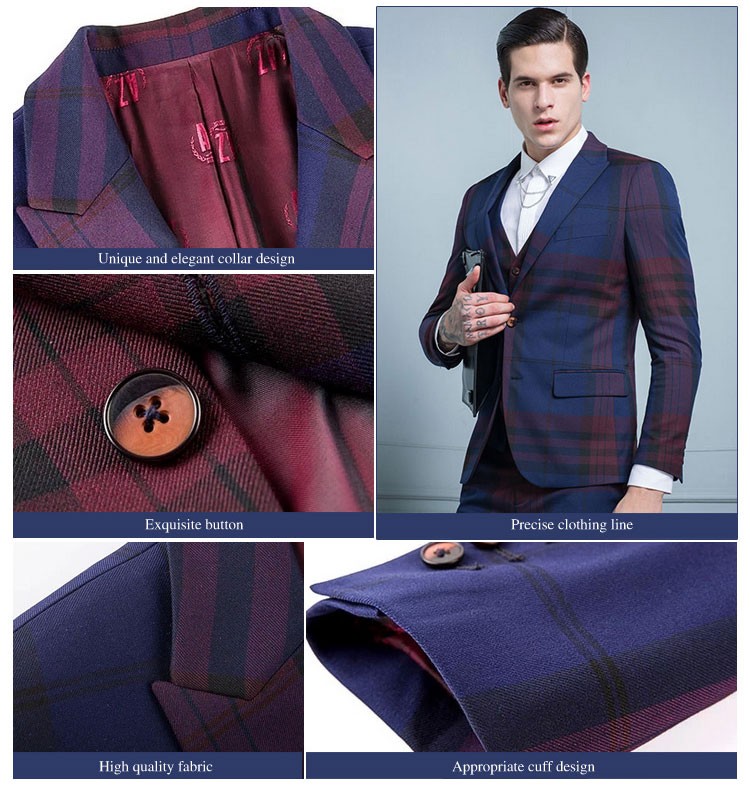 Traje de tela escocesa roja azul oscuro de un solo pecho con cuello en V tejido a la moda para hombre de diseño personalizado
