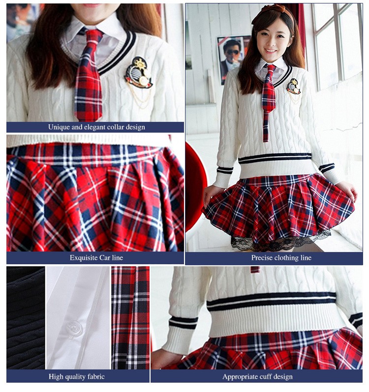 Traje de falda de uniforme a cuadros rojos para niñas de la escuela de Corea del Sur de 3 piezas con pajarita