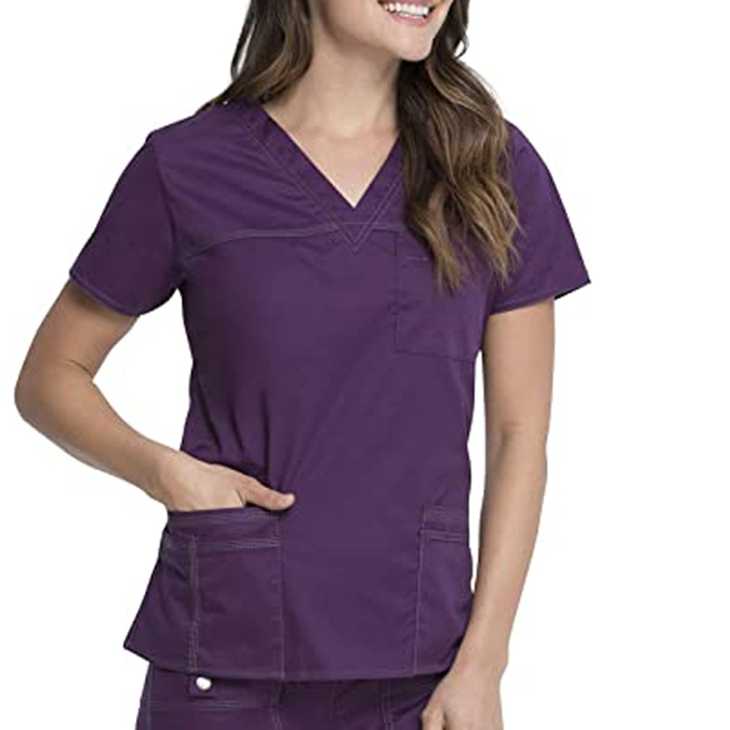 Uniforme de enfermera a la moda 100% algodón a medida, diseño liso con cuello en V