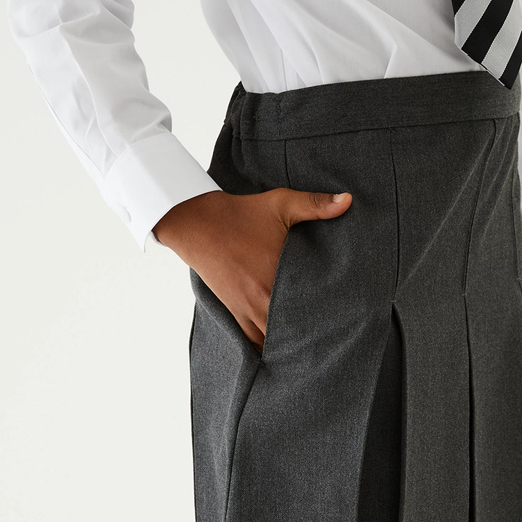 Falda plisada gris tenue con cintura elástica para colegiala americana uniforme de diseño personalizado con bolsillo
