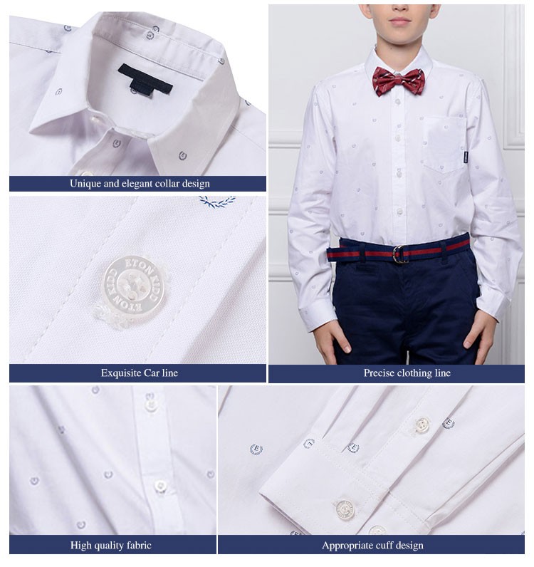 Camisa blanca de manga larga para niños con cuello vuelto 100% algodón de diseño personalizado 