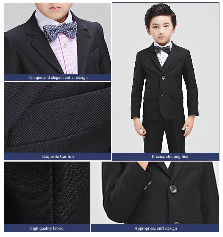 Diseño personalizado Competencia de piano Little Formal Boys Conjunto de chaqueta negra de manga larga de un solo pecho con pajarita
