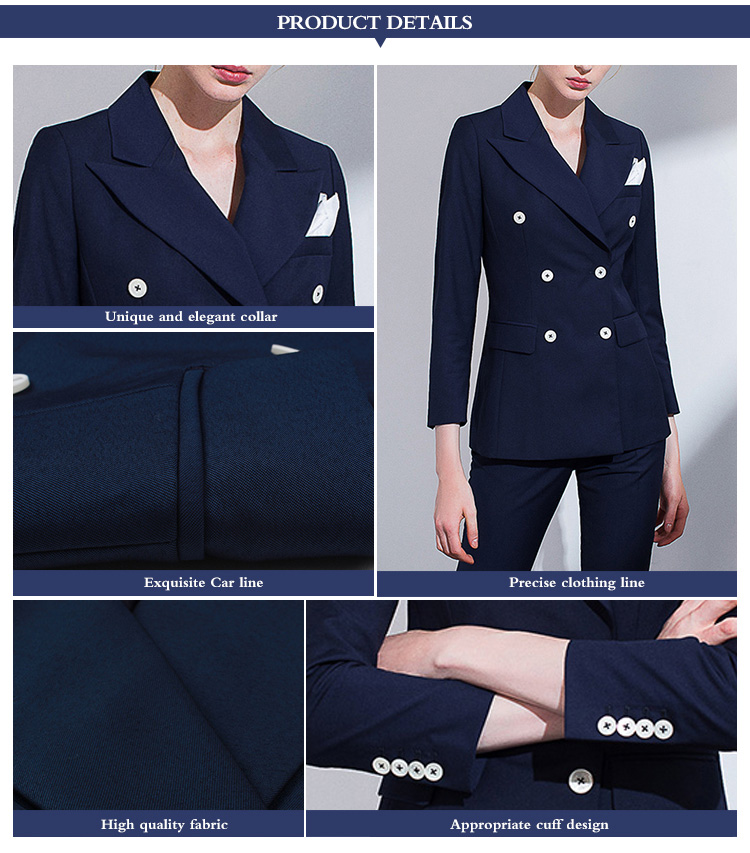Traje de chaqueta delgado con cuello en V cruzado de manga larga para mujer azul oscuro de moda de diseño personalizado