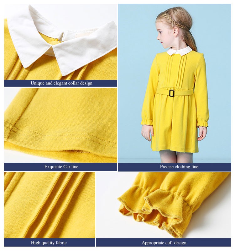 Diseño personalizado primavera color sólido manga larga niñas vestidos acampanados con cinturón