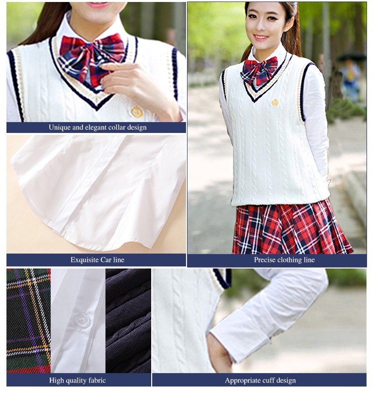 Otoño escuela niñas uniforme suéter chaleco traje y falda a cuadros