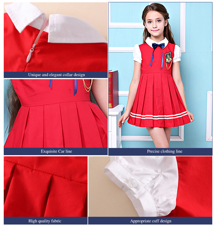 Uniforme de escuela primaria de Kindergarten Color liso con cremallera en la espalda vestidos plisados ​​para niñas