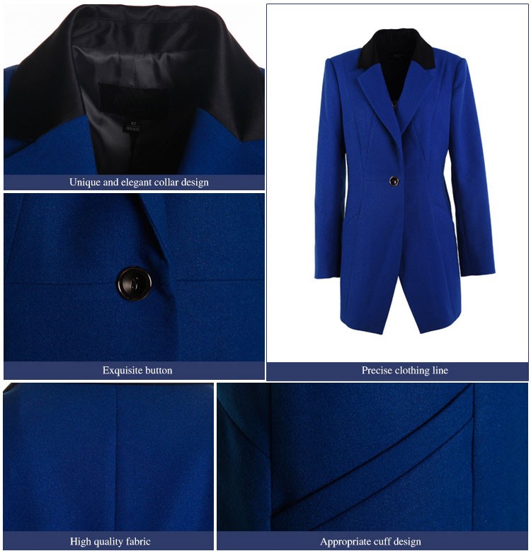 Blazer largo con cuello en V y manga larga con un solo botón azul para mujer elegante de diseño personalizado