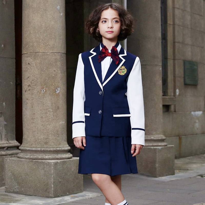Nuevos diseños, uniformes escolares azul marino de empalme personalizados, conjuntos de chaqueta escolar para niños y niñas 