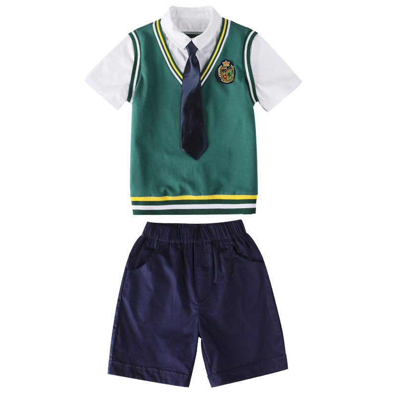 Camisa y pantalones cortos de manga corta verde para niños de primavera Conjunto de uniforme escolar para niños de primaria de 2 piezas con corbata