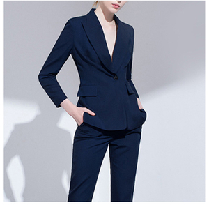 Blazer delgado de mujer azul oscuro con cuello en V de manga larga con un solo botón de moda de diseño personalizado