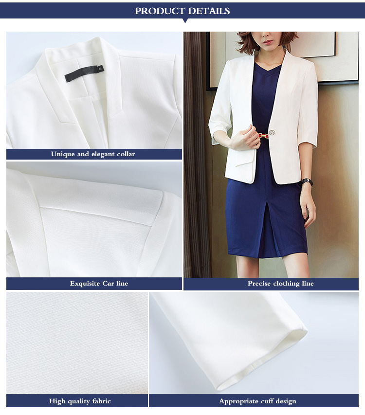 Blazer y vestido blanco de media manga con un solo botón y cuello en V para dama de oficina de 2 piezas