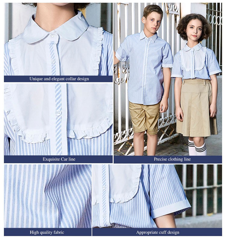 Verano otoño ropa de escuela primaria de manga corta 100% algodón patrón de rayas camisa de uniforme escolar 