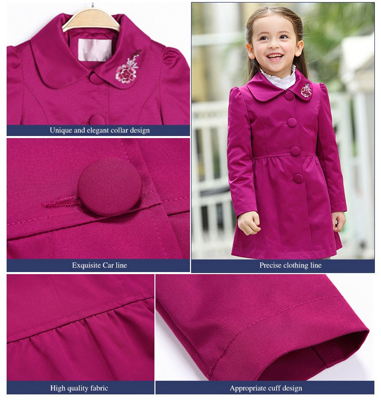 Abrigo de tres cuartos para niñas de manga larga de color rosa intenso con un solo pecho de diseño personalizado para invierno