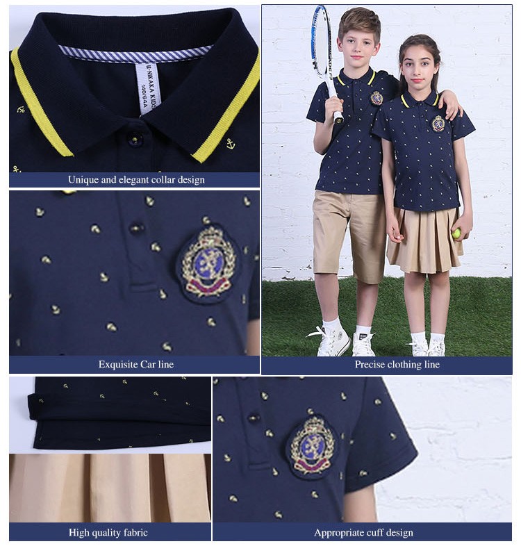 Verano manga corta niños escuela uniforme personalizado azul marino polos