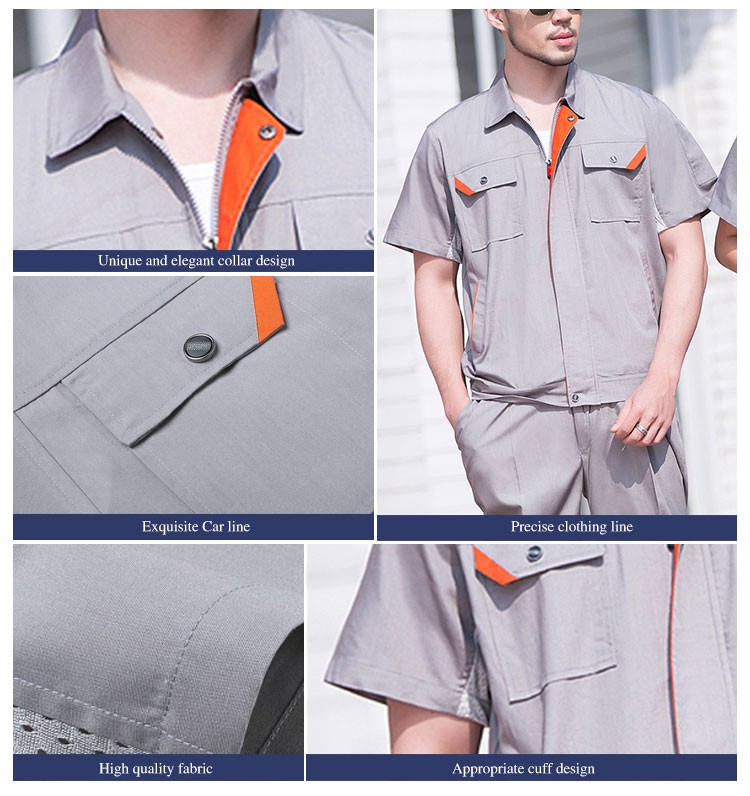 Traje de uniforme de trabajador con cremallera de manga corta de fábrica de ropa de verano de diseño personalizado con bolsillo