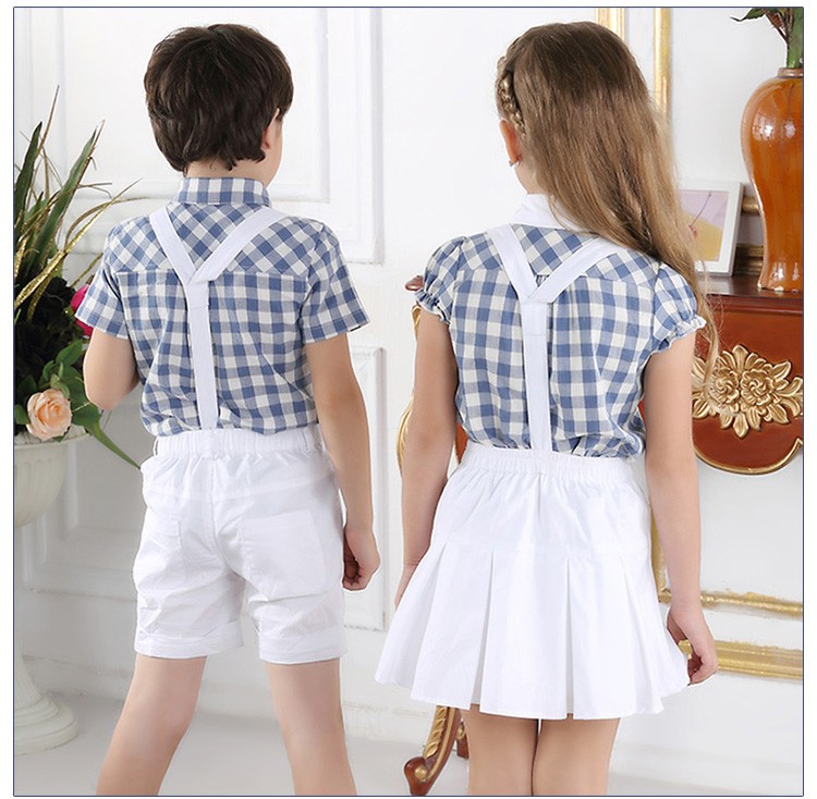 Diseños de conjuntos de uniformes escolares de manga corta para niños y niñas de jardín de infantes de verano