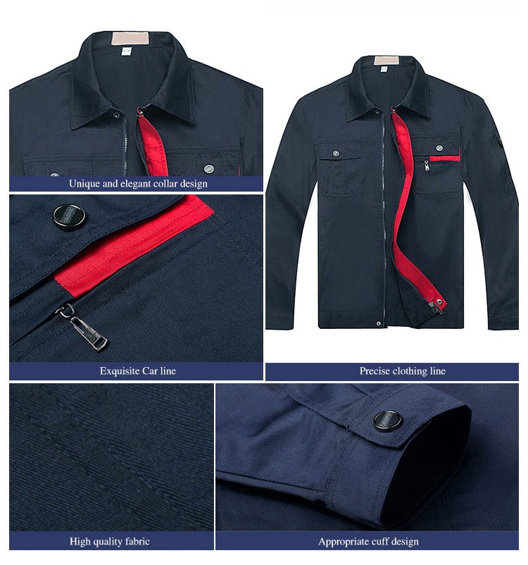 Capa y pantalones uniformes de manga larga con cremallera frontal de color sólido para trabajadores de fábrica de tela de diseño personalizado