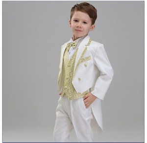 Trajes de esmoquin y chaleco con purpurina dorada de un solo pecho para niños pequeños para reuniones nocturnas de diseño personalizado