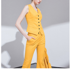 Conjunto de chaleco con cuello en V de un solo pecho amarillo para mujer de moda de tres piezas de diseño personalizado