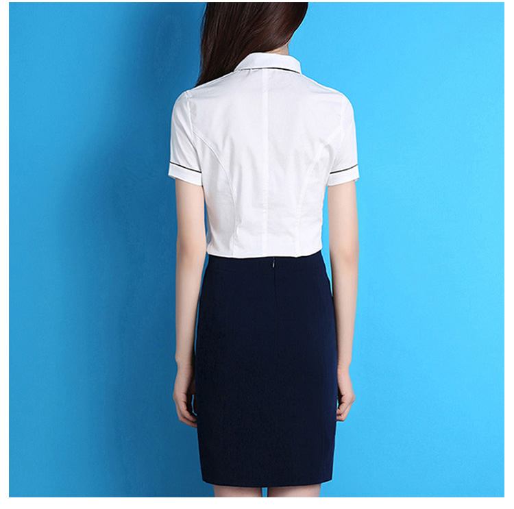Camisa blanca de un solo pecho de manga corta para dama de oficina de diseño personalizado y falda azul oscuro