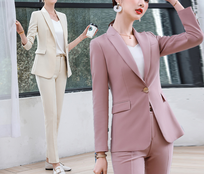 Traje y pantalones con cuello en V de un solo botón con dobladillo redondo para mujer de oficina de color sólido de diseño personalizado