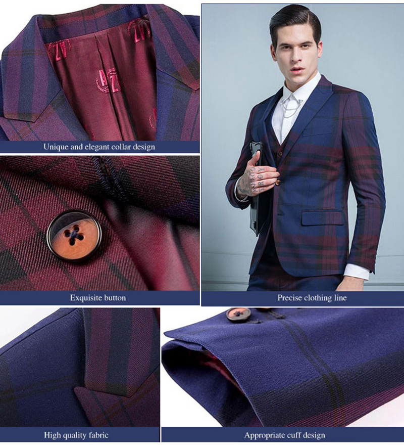 Traje de chaqueta con cuello en V de un solo pecho a cuadros azul rojo para hombre a la moda OEM con diseño personalizado
