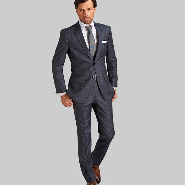Conjunto de chaqueta formal a cuadros gris oscuro con bolsillo en el pecho para hombres de oficina de diseño personalizado