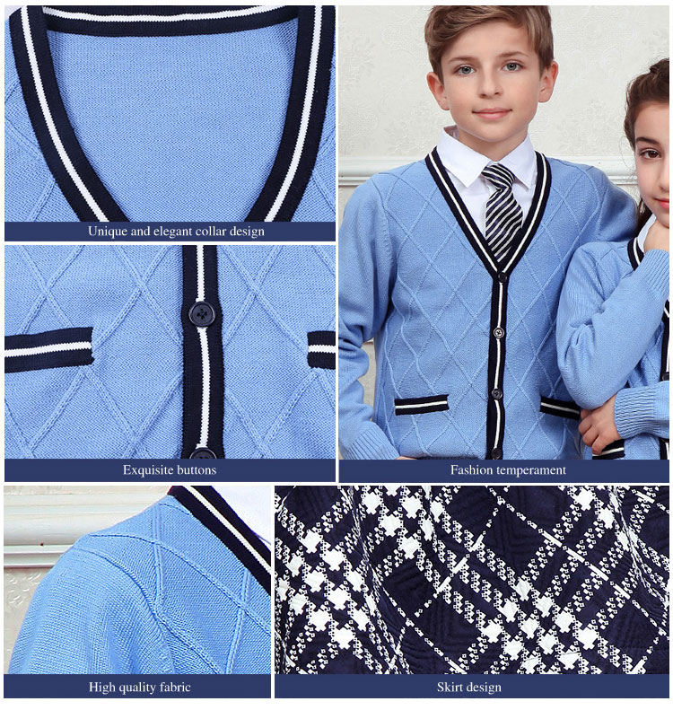 Suéter de uniforme escolar con cuello en V azul unisex personalizado al por mayor