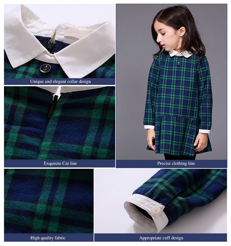 Vestido de tela escocesa para niñas de color sólido con cremallera trasera y cuello vuelto a la moda