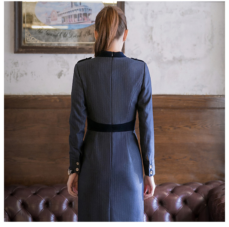 Vestido de manga larga con cremallera negra para dama de oficina a rayas hasta la rodilla con un solo pecho azul oscuro