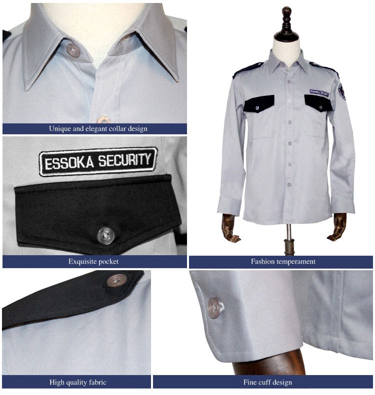 Uniforme de seguridad de diseño personalizado, camisa, portero, conserje, oficial de policía, hombres, uniformes de guardia de seguridad