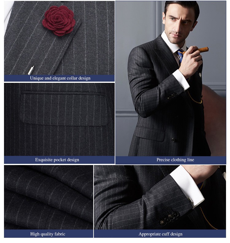 Trajes de negocios formales para hombre con cuello en V a rayas gris oscuro de un solo pecho de tela de alta calidad de diseño personalizado