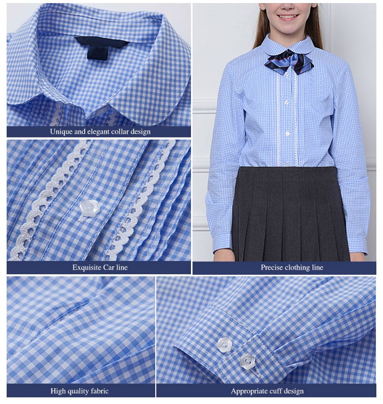 Diseño personalizado Turn-down Collar Girls Lace Camisa a cuadros de manga larga