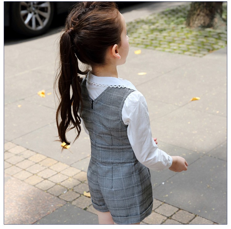 Camisa de encaje de manga larga para niñas pequeñas de 2 piezas de moda de diseño personalizado y mamelucos de cuadros grises