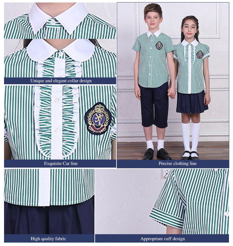 Camisas de uniforme escolar de manga corta a rayas para niños y niñas de verano