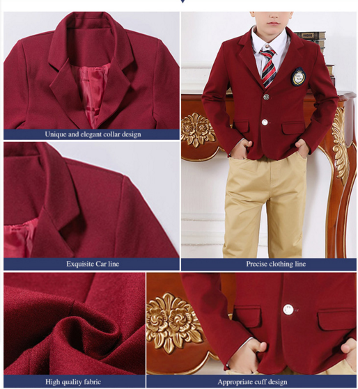 Traje de chaqueta de estudiante rojo de un solo pecho personalizado de moda de fabricante de uniformes escolares para niños